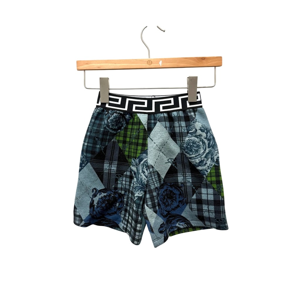 Versace‎ Kids Mixed Print Greca Waistband Shorts Blue Green 4Y Made in Italy